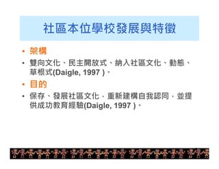 8 
社區本位學校發展與特徵 
• 架構 
• 雙向文化、民主開放式、納入社區文化、動態、 
草根式(Daigle, 1997 )。 
• 目的 
• 保存、發展社區文化，重新建構自我認同，並提 
供成功教育經驗(Daigle, 1997 )。 
 