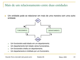 Ricardo Terra (rterrabh [at] gmail.com) Março, 2009Modelo ER 23
Mais de um relacionamento entre duas entidades
n  Um entidade pode se relacionar em mais de uma maneira com uma outra
entidade.
q  Um funcionário está lotado em um departamento.
q  Um departamento tem lotado vários funcionários.
q  Um funcionário chefia um departamento.
q  Um departamento é chefiado por um funcionário.
 