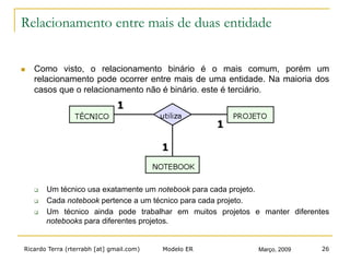 Ricardo Terra (rterrabh [at] gmail.com) Março, 2009Modelo ER 26
Relacionamento entre mais de duas entidade
n  Como visto, o relacionamento binário é o mais comum, porém um
relacionamento pode ocorrer entre mais de uma entidade. Na maioria dos
casos que o relacionamento não é binário, este é terciário.
q  Um técnico usa exatamente um notebook para cada projeto.
q  Cada notebook pertence a um técnico para cada projeto.
q  Um técnico ainda pode trabalhar em muitos projetos e manter diferentes
notebooks para diferentes projetos.
 