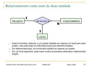 Ricardo Terra (rterrabh [at] gmail.com) Março, 2009Modelo ER 27
Relacionamento entre mais de duas entidade
q  Cada funcionário atribuído a um projeto trabalha em apenas um local para esse
projeto, mas pode estar em diferentes locais para diferente projetos.
q  Em determinado local, um funcionário trabalha em apenas um projeto.
q  Em um local específico, pode haver muitos funcionários atribuídos a determinado
projeto.
 