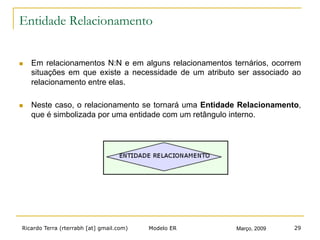 Ricardo Terra (rterrabh [at] gmail.com) Março, 2009Modelo ER 29
Entidade Relacionamento
n  Em relacionamentos N:N e em alguns relacionamentos ternários, ocorrem
situações em que existe a necessidade de um atributo ser associado ao
relacionamento entre elas.
n  Neste caso, o relacionamento se tornará uma Entidade Relacionamento,
que é simbolizada por uma entidade com um retângulo interno.
 