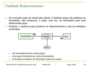 Ricardo Terra (rterrabh [at] gmail.com) Março, 2009Modelo ER 30
Entidade Relacionamento
n  Um exemplo pode ser observado abaixo. O atributo preço não pertence ao
fornecedor, nem tampouco, à peça, mas sim, ao fornecedor para uma
determinada peça.
n  Portanto, o atributo preço pertence ao relacionamento e não às entidades
envolvidas.
q  Um fornecedor fornece várias peças.
q  Uma peça é fornecida por vários fornecedores.
q  Uma peça vinculada a um fornecedor possui um preço.
 