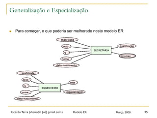Ricardo Terra (rterrabh [at] gmail.com) Março, 2009Modelo ER 35
Generalização e Especialização
n  Para começar, o que poderia ser melhorado neste modelo ER:
 