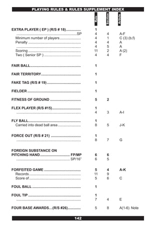 PLAYING RULES & RULES SUPPLEMENT INDEx




                                                                             Section



                                                                                       Article
                                                                      Rule
EXTRA PLAYER ( EP ) (R/S # 18) ...............                         1
  .............................................................SP      4       4          A-F
  Minimum number of players .....................                      4       1          C (3) (b,f)
  Penalty .....................................................        4       4          A
  .................................................................    4       5          A
  Scoring .....................................................       11       2          A (2)
  Two ( Senior SP ) .....................................             4        4          F

FAIR BALL ...................................................         1

FAIR TERRITORY ........................................               1

FAKE TAG (R/S # 19) ..................................                1

FIELDER ......................................................        1

FITNESS OF GROUND ...............................                     5        2

FLEX PLAYER (R/S #15) .............................                   1
  .................................................................   4       3           A-I

FLY BALL.....................................................         1
  Carried into dead ball area .......................                 8       5           J-K

FORCE OUT (R/S # 21) ..............................                   1
  .................................................................   8       7           G

FOREIGN SUBSTANCE ON
PITCHING HAND .............................. FP/MP                    6       6
   ...................................................... SP/16”      6       5

FORFEITED GAME .....................................                   5      4           A-K
  Records ....................................................        11      9
  Score of ....................................................        5      6           C

FOUL BALL .................................................           1

FOUL TIP .....................................................        1
  .................................................................   7       4           E

FOUR BASE AWARDS…(R/S #26) .............                              5       8           A(1-6) Note

                                                            142
 