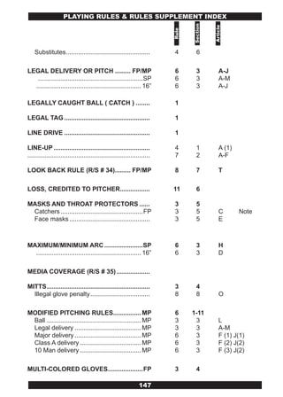 PLAYING RULES & RULES SUPPLEMENT INDEx




                                                                                Section



                                                                                          Article
                                                                         Rule
    Substitutes ................................................         4        6

LEGAL DELIVERY OR PITCH ......... FP/MP                                  6        3           A-J
   ............................................................SP        6        3           A-M
  ............................................................ 16”       6        3           A-J

LEGALLY CAUGHT BALL ( CATCH ) ........                                   1

LEGAL TAG .................................................              1

LINE DRIVE .................................................             1

LINE-UP .......................................................          4        1           A (1)
......................................................................   7        2           A-F

LOOK BACK RULE (R/S # 34)......... FP/MP                                 8        7           T

LOSS, CREDITED TO PITCHER.................                               11       6

MASKS AND THROAT PROTECTORS ......                                       3        5
 Catchers ...............................................FP              3        5           C       Note
 Face masks ..............................................               3        5           E



MAXIMUM/MINIMUM ARC ......................SP                             6        3           H
  ............................................................ 16”       6        3           D

MEDIA COVERAGE (R/S # 35) ...................

MITTS ...........................................................        3        4
  Illegal glove penalty ..................................               8        8           O

MODIFIED PITCHING RULES................ MP                               6      1-11
 Ball ...................................................... MP          3       3            L
 Legal delivery ...................................... MP                3       3            A-M
 Major delivery ...................................... MP                6       3            F (1) J(1)
 Class A delivery ................................... MP                 6       3            F (2) J(2)
 10 Man delivery ................................... MP                  6       3            F (3) J(2)

MULTI-COLORED GLOVES....................FP                               3        4

                                                               147
 