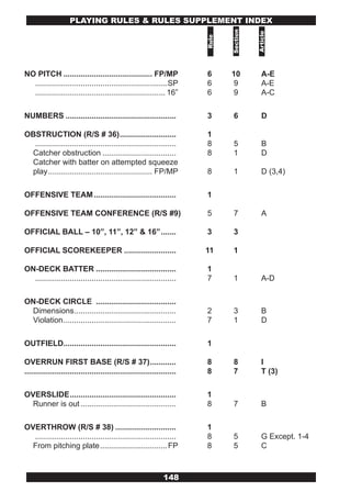 PLAYING RULES & RULES SUPPLEMENT INDEx




                                                                                Section



                                                                                          Article
                                                                         Rule
NO PITCH ......................................... FP/MP                 6      10          A-E
  .............................................................SP        6      9           A-E
  ............................................................ 16”       6      9           A-C

NUMBERS ...................................................              3       6          D

OBSTRUCTION (R/S # 36) ..........................                        1
  .................................................................      8       5          B
 Catcher obstruction ..................................                  8       1          D
 Catcher with batter on attempted squeeze
 play ................................................ FP/MP             8       1          D (3,4)

OFFENSIVE TEAM ......................................                    1

OFFENSIVE TEAM CONFERENCE (R/S #9)                                       5       7          A

OFFICIAL BALL – 10”, 11”, 12” & 16” .......                              3      3

OFFICIAL SCOREKEEPER ........................                            11     1

ON-DECK BATTER .....................................                     1
  .................................................................      7      1           A-D

ON-DECK CIRCLE .....................................
 Dimensions ...............................................              2      3           B
 Violation ....................................................          7      1           D

OUTFIELD....................................................             1

OVERRUN FIRST BASE (R/S # 37) ............                               8      8           I
......................................................................   8      7           T (3)

OVERSLIDE .................................................              1
  Runner is out ............................................             8      7           B

OVERTHROW (R/S # 38) ............................                        1
  .................................................................      8      5           G Except. 1-4
  From pitching plate ...............................FP                  8      5           C



                                                                148
 