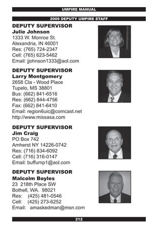 UMPIRE MANUAL

               2009 DEPUTY UMPIRE STAFF

DEPUTY SUPERvISOR
julie johnson
1333 W. Monroe St.
Alexandria, IN 46001
Res: (765) 724-2347
Cell: (765) 623-5462
Email: jjohnson1333@aol.com
DEPUTY SUPERvISOR
Larry Montgomery
2658 Cla - Wood Place
Tupelo, MS 38801
Bus: (662) 841-6516
Res: (662) 844-4756
Fax: (662) 841-6410
Email: region6uic@comcast.net
http://www.missasa.com

DEPUTY SUPERvISOR
jim Craig
PO Box 742
Amherst NY 14226-0742
Res: (716) 834-6092
Cell: (716) 316-0147
Email: buffump1@aol.com
DEPUTY SUPERvISOR
Malcolm Boyles
23 218th Place SW
Bothell, WA. 98021
Res: (425) 481-0546
Cell: (425) 273-6252
Email: amaskedman@msn.com

                          212
 