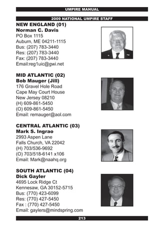 UMPIRE MANUAL

               2009 NATIONAL UMPIRE STAFF
NEw ENGLAND (01)
Norman C. Davis
PO Box 1115
Auburn, ME 04211-1115
Bus: (207) 783-3440
Res: (207) 783-3440
Fax: (207) 783-3440
Email:reg1uic@gwi.net

MID ATLANTIC (02)
Bob Mauger (jill)
176 Gravel Hole Road
Cape May Court House
New Jersey 08210
(H) 609-861-5450
(O) 609-861-5450
Email: remauger@aol.com

CENTRAL ATLANTIC (03)
Mark S. Ingrao
2993 Aspen Lane
Falls Church, VA 22042
(H) 703/536-9692
(O) 703/518-6141 x106
Email: Mark@naahq.org

SOUTH ATLANTIC (04)
Dick Gayler
4695 Lock Ridge Ct
Kennesaw, GA 30152-5715
Bus: (770) 423-6099
Res: (770) 427-5450
Fax : (770) 427-5450
Email: gaylers@mindspring.com
                           213
 