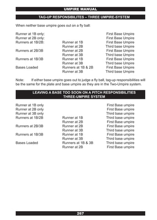 UMPIRE MANUAL

               TAG-UP RESPONSIBILITES – THREE UMPIRE-SYSTEM

When neither base umpire goes out on a fly ball:

Runner at 1B only:                                           First Base Umpire
Runner at 2B only:                                           First Base Umpire
Runners at 1B/2B:               Runner at 1B                 First Base Umpire
                                Runner at 2B                 Third base Umpire
Runners at 2B/3B                Runner at 2B                 First Base Umpire
                                Runner at 3B                 Third base Umpire
Runners at 1B/3B                Runner at 1B                 First Base Umpire
                                Runner at 3B                 Third base Umpire
Bases Loaded                    Runners at 1B & 2B           First Base Umpire
                                Runner at 3B                 Third base Umpire

Note:    If either base umpire goes out to judge a fly ball, tag-up responsibilities will
be the same for the plate and base umpire as they are in the Two-Umpire system.

           LEAVING A BASE TOO SOON ON A PITCH RESPONSIBILITIES
                          THREE-UMPIRE SYSTEM

Runner at 1B only                                             First Base umpire
Runner at 2B only                                             First Base umpire
Runner at 3B only                                             Third base umpire
Runners at 1B/2B                Runner at 1B                  Third base umpire
                                Runner at 2B                  First Base umpire
Runners at 2B/3B                Runner at 2B                  First Base umpire
                                Runner at 3B                  Third base umpire
Runners at 1B/3B                Runner at 1B                  First Base umpire
                                Runner at 3B                  Third base umpire
Bases Loaded                    Runners at 1B & 3B            Third base umpire
                                Runner at 2B                  First Base umpire




                                          267
 