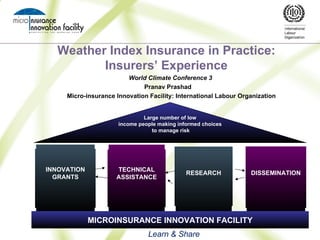 Weather Index Insurance in Practice: Insurers’ Experience World Climate Conference 3  Pranav Prashad  Micro-insurance Innovation Facility: International Labour Organization Learn & Share DISSEMINATION RESEARCH TECHNICAL ASSISTANCE INNOVATION GRANTS MICROINSURANCE INNOVATION FACILITY Large number of low income people making informed choices  to manage risk 