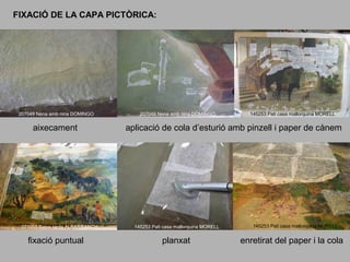 FIXACIÓ DE LA CAPA PICTÒRICA:

fixació

207049 Nena amb nina DOMINGO

aixecament

071955 Baixa tarda ALBARRANCH

fixació puntual

207049 Nena amb nina DOMINGO

145253 Pati casa mallorquina MORELL

aplicació de cola d’esturió amb pinzell i paper de cànem

145253 Pati casa mallorquina MORELL

planxat

145253 Pati casa mallorquina MORELL

enretirat del paper i la cola

 
