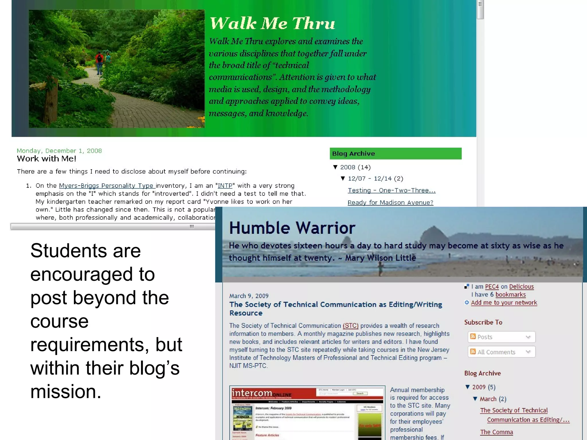Students are encouraged to post beyond the course requirements, but within their blog’s mission. 