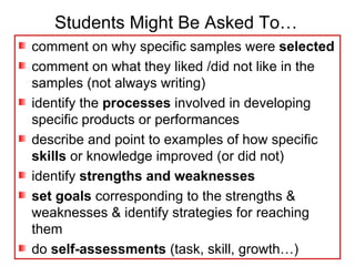 Students Might Be Asked To… comment on why specific samples were  selected comment on what they liked /did not like in the samples (not always writing) identify the  processes  involved in developing specific products or performances describe and point to examples of how specific  skills  or knowledge improved (or did not) identify  strengths and weaknesses   set goals  corresponding to the strengths & weaknesses & identify strategies for reaching them do  self-assessments  (task, skill, growth…) 