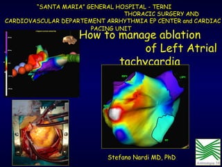 ““SANTA MARIA” GENERAL HOSPITAL - TERNISANTA MARIA” GENERAL HOSPITAL - TERNI
THORACIC SURGERY ANDTHORACIC SURGERY AND
CARDIOVASCULAR DEPARTEMENT ARRHYTHMIA EP CENTER and CARDIACCARDIOVASCULAR DEPARTEMENT ARRHYTHMIA EP CENTER and CARDIAC
PACING UNITPACING UNIT
Stefano Nardi MD, PhD
How to manage ablation
of Left Atrial
tachycardia
 