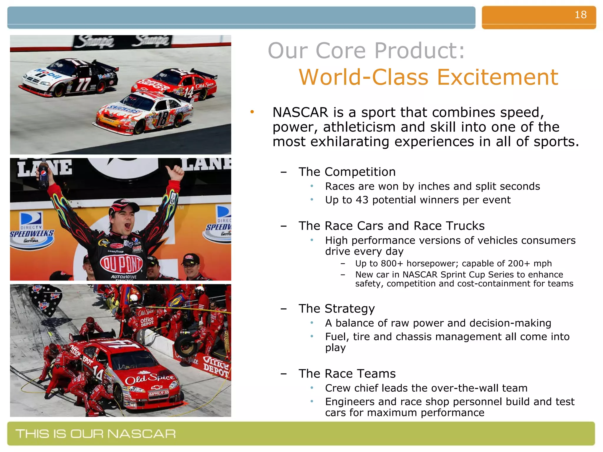 Our Core Product:     World-Class Excitement NASCAR is a sport that combines speed, power, athleticism and skill into one of the most exhilarating experiences in all of sports. The Competition Races are won by inches and split seconds Up to 43 potential winners per event The Race Cars and Race Trucks High performance versions of vehicles consumers drive every day Up to 800+ horsepower; capable of 200+ mph New car in NASCAR Sprint Cup Series to enhance safety, competition and cost-containment for teams The Strategy  A balance of raw power and decision-making Fuel, tire and chassis management all come into play The Race Teams Crew chief leads the over-the-wall team Engineers and race shop personnel build and test cars for maximum performance  