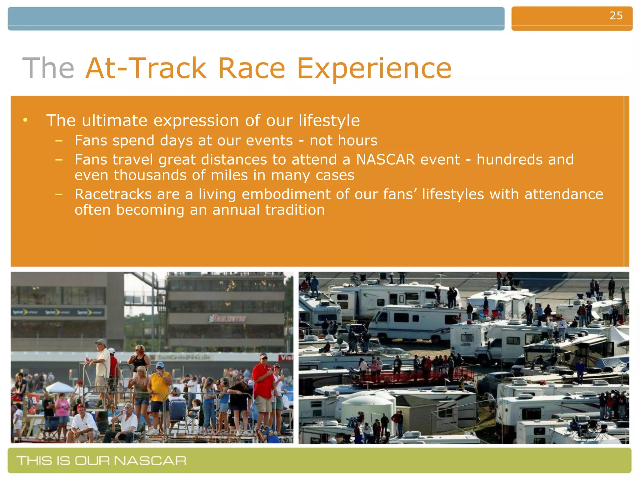 The   At-Track Race Experience The ultimate expression of our lifestyle Fans spend days at our events - not hours Fans travel great distances to attend a NASCAR event - hundreds and even thousands of miles in many cases Racetracks are a living embodiment of our fans’ lifestyles with attendance often becoming an annual tradition 