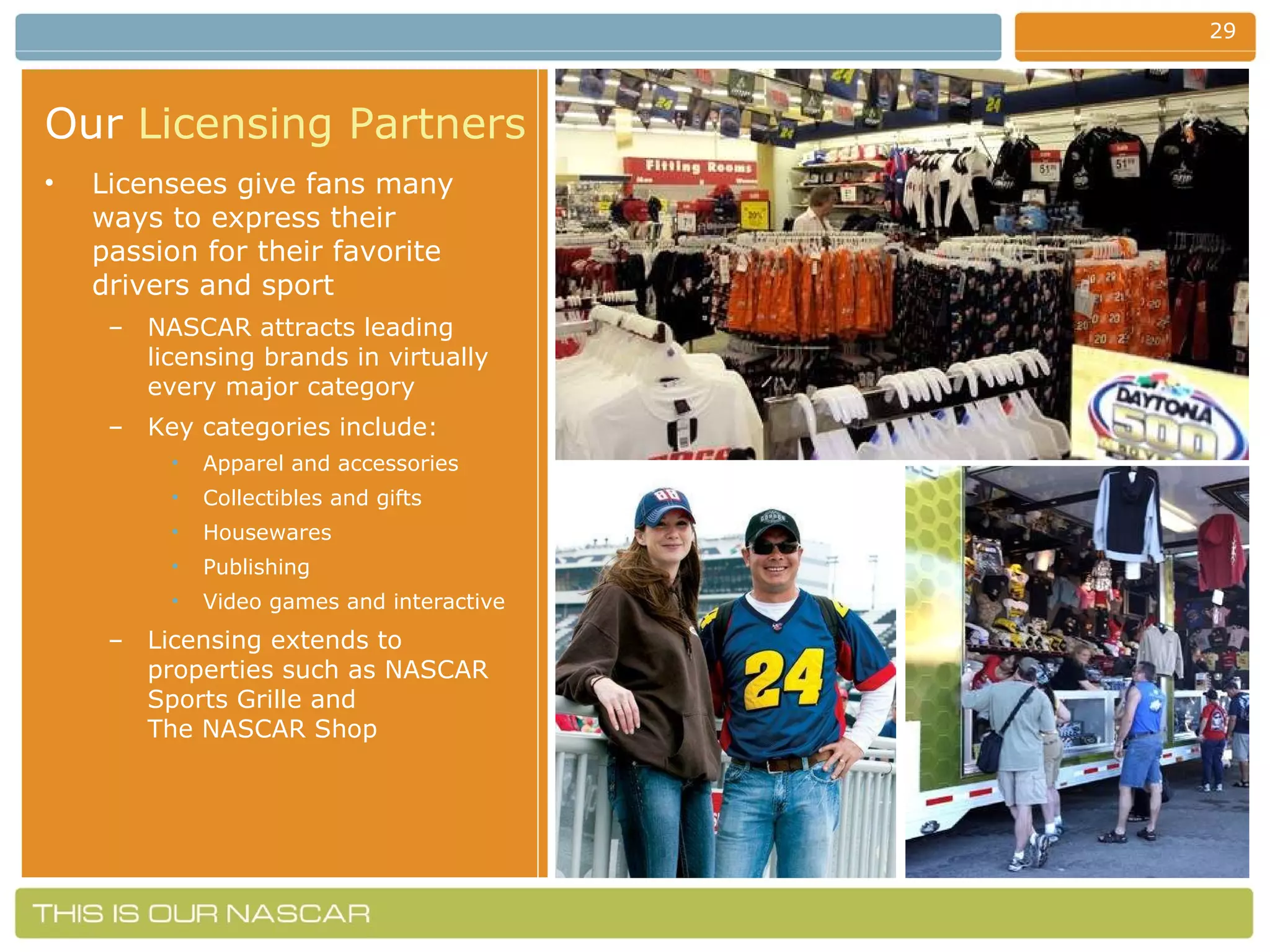 Our   Licensing Partners Licensees give fans many ways to express their passion for their favorite drivers and sport NASCAR attracts leading licensing brands in virtually every major category Key categories include: Apparel and accessories Collectibles and gifts Housewares Publishing Video games and interactive Licensing extends to properties such as NASCAR Sports Grille and  The NASCAR Shop 