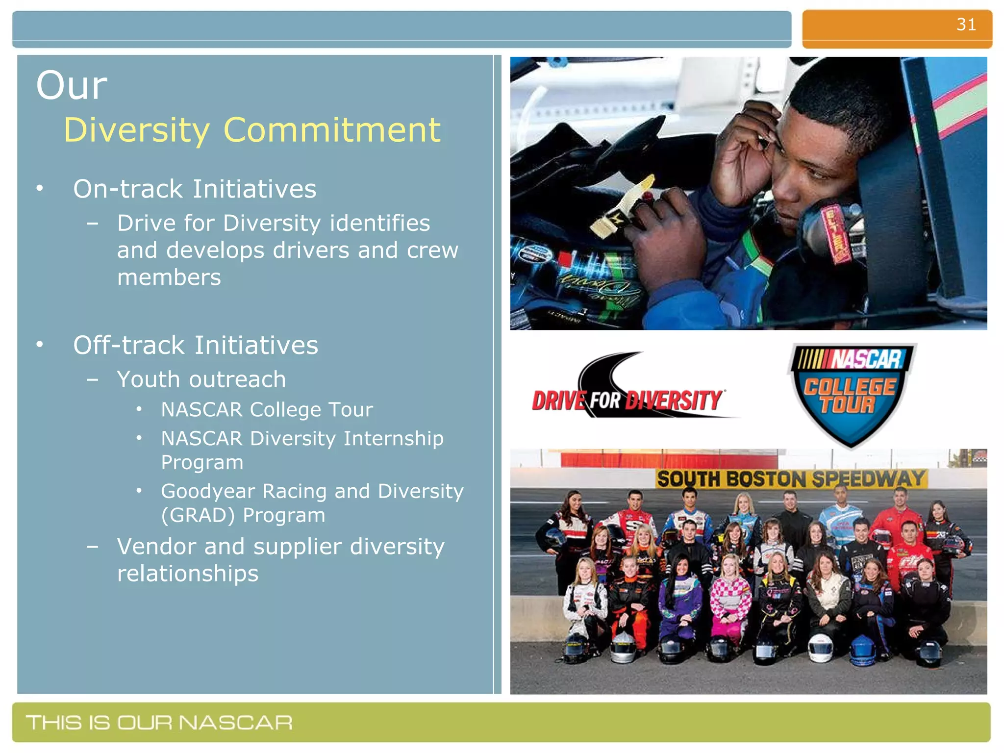 Our    Diversity Commitment On-track Initiatives Drive for Diversity identifies and develops drivers and crew members Off-track Initiatives Youth outreach NASCAR College Tour  NASCAR Diversity Internship Program Goodyear Racing and Diversity (GRAD) Program Vendor and supplier diversity relationships 