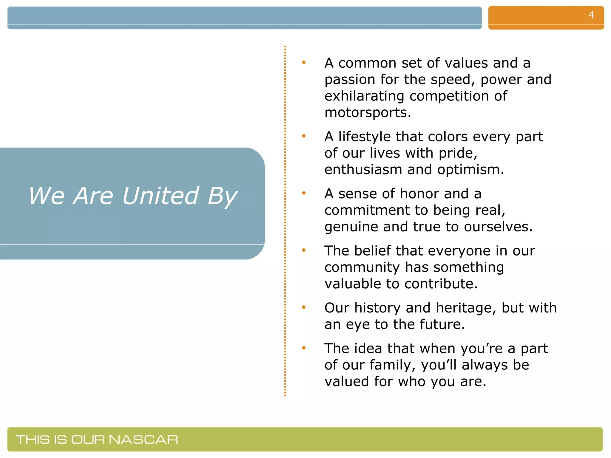 We Are United By A common set of values and a passion for the speed, power and exhilarating competition of motorsports. A lifestyle that colors every part of our lives with pride, enthusiasm and optimism. A sense of honor and a commitment to being real, genuine and true to ourselves. The belief that everyone in our community has something valuable to contribute. Our history and heritage, but with an eye to the future. The idea that when you’re a part of our family, you’ll always be valued for who you are. 