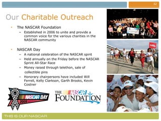Our   Charitable Outreach The NASCAR Foundation Established in 2006 to unite and provide a common voice for the various charities in the NASCAR community NASCAR Day A national celebration of the NASCAR spirit Held annually on the Friday before the NASCAR Sprint All-Star Race Money raised through telethon, sale of  collectible pins Honorary chairpersons have included Will Ferrell, Kelly Clarkson, Garth Brooks, Kevin Costner 