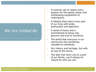 We Are United By A common set of values and a passion for the speed, power and exhilarating competition of motorsports. A lifestyle that colors every part of our lives with pride, enthusiasm and optimism. A sense of honor and a commitment to being real, genuine and true to ourselves. The belief that everyone in our community has something valuable to contribute. Our history and heritage, but with an eye to the future. The idea that when you’re a part of our family, you’ll always be valued for who you are. 