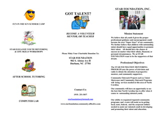 STAR FOUNDATION, INC.
                                    GOT TALENT?

  FUN IN THE SUN SUMMER CAMP



                                      BECOME A VOLUNTEER                                     Mission Statement
                                      MENTOR, OR TEACHER                      We believe that all youth if given the proper
                                                                              professional guidance and encouragement could
                                                                              become the next “Super Stars” of our community.
                                                                              We further believe that children with outstanding
                                                                              talent should have equal opportunities to promote
                                                                              their talent. All should have the chance at
STAR ELEGANZE YOUTH MENTORING
                                                                              success no matter what their ethnic, financial, or
    & LIFE SKILLS WORKSHOPS
                                 Please Make Your Charitable Donation To:     personal circumstances. We at STAR
                                                                              FOUNDATION want to be the supporters of that
                                        STAR FOUNDATION                       dream.
                                         902 S. Alston Ave B
                                                                                         Professional Objectives
                                         Durham, NC 27701
                                                                              The STAR FOUNDATION MENTORING
                                                                              PROGRAM uses the power of television and
                                                                              radio to obtain the attention of prospective
                                                                              mentors, and community supporters.
  AFTER SCHOOL TUTORING                                                       Community Outreach Projects such as Talent
                                                                              Showcases and Community Outreach Programs
                                                                              will bring services needed in this area of North
                                                                              Carolina.
                                                                              Our community will have an opportunity to see
                                              Contact Us:                     the best that North Carolina has to offer when it
                                                                              comes to outstanding talented youth.
                                              (919) 251-3037

                                       starfoundation@hotmail.com             Our ability to organized topnotch community
       COMPUTER LAB                                                           programs, and events will assist us in getting
                                www.starfoundation.community.officelive.com   local, state, federal, and the corporate dollars
                                                                              needed to assist our talented youth in developing
                                                                              and promoting their talent and education.
 