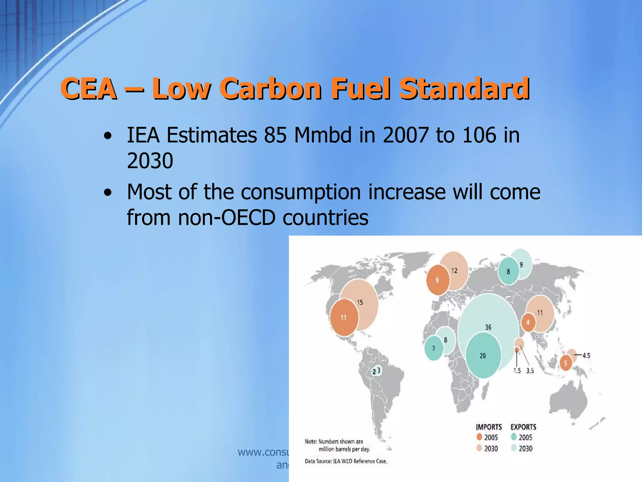 CEA – Low Carbon Fuel Standard
  • IEA Estimates 85 Mmbd in 2007 to 106 in
    2030
  • Most of the consumption increase will come
    from non-OECD countries




               www.consumerenergyalli
                     ance.org
 
