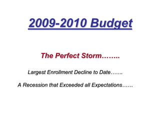 2009-2010 Budget

        The Perfect Storm……..

   Largest Enrollment Decline to Date…….

A Recession that Exceeded all Expectations……
 
