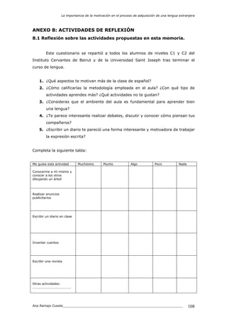 La importancia de la motivación en el proceso de adquisición de una lengua extranjera
Ana Ramajo Cuesta_____________________________________________________________ 108
ANEXO 8: ACTIVIDADES DE REFLEXIÓN
8.1 Reflexión sobre las actividades propuestas en esta memoria.
Este cuestionario se repartió a todos los alumnos de niveles C1 y C2 del
Instituto Cervantes de Beirut y de la Universidad Saint Joseph tras terminar el
curso de lengua.
1. ¿Qué aspectos te motivan más de la clase de español?
2. ¿Cómo calificarías la metodología empleada en el aula? ¿Con qué tipo de
actividades aprendes más? ¿Qué actividades no te gustan?
3. ¿Consideras que el ambiente del aula es fundamental para aprender bien
una lengua?
4. ¿Te parece interesante realizar debates, discutir y conocer cómo piensan tus
compañeros?
5. ¿Escribir un diario te pareció una forma interesante y motivadora de trabajar
la expresión escrita?
Completa la siguiente tabla:
Me gusta esta actividad Muchísimo Mucho Algo Poco Nada
Conocerme a mí mismo y
conocer a los otros
dibujando un árbol
Realizar anuncios
publicitarios
Escribir un diario en clase
Inventar cuentos
Escribir una revista
Otras actividades:
……………………………………….
 