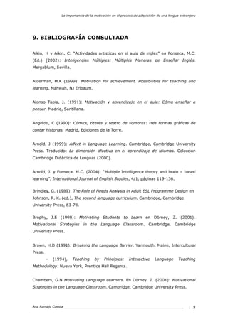 La importancia de la motivación en el proceso de adquisición de una lengua extranjera
Ana Ramajo Cuesta_____________________________________________________________ 118
9. BIBLIOGRAFÍA CONSULTADA
Aikin, H y Aikin, C: “Actividades artísticas en el aula de inglés” en Fonseca, M.C,
(Ed.) (2002): Inteligencias Múltiples: Múltiples Maneras de Enseñar Inglés.
Mergablum, Sevilla.
Alderman, M.K (1999): Motivation for achievement. Possibilities for teaching and
learning. Mahwah, NJ Erlbaum.
Alonso Tapia, J. (1991): Motivación y aprendizaje en el aula: Cómo enseñar a
pensar. Madrid, Santillana.
Angoloti, C (1990): Cómics, títeres y teatro de sombras: tres formas gráficas de
contar historias. Madrid, Ediciones de la Torre.
Arnold, J (1999): Affect in Language Learning. Cambridge, Cambridge University
Press. Traducido: La dimensión afectiva en el aprendizaje de idiomas. Colección
Cambridge Didáctica de Lenguas (2000).
Arnold, J. y Fonseca, M.C. (2004): “Multiple Intelligence theory and brain – based
learning”, International Journal of English Studies, 4/1, páginas 119-136.
Brindley, G. (1989): The Role of Needs Analysis in Adult ESL Programme Design en
Johnson, R. K. (ed.), The second language curriculum. Cambridge, Cambridge
University Press, 63-78.
Brophy, J.E (1998): Motivating Students to Learn en Dörney, Z. (2001):
Motivational Strategies in the Language Classroom. Cambridge, Cambridge
University Press.
Brown, H.D (1991): Breaking the Language Barrier. Yarmouth, Maine, Intercultural
Press.
- (1994), Teaching by Principles: Interactive Language Teaching
Methodology. Nueva York, Prentice Hall Regents.
Chambers, G.N Motivating Language Learners. En Dörney, Z. (2001): Motivational
Strategies in the Language Classroom. Cambridge, Cambridge University Press.
 