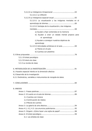 5.2.2.6 La inteligencia intrapersonal .......................................63
5.2.2.6.1 La reflexión
5.2.2.9 La inteligencia espacial-visual .....................................65
5.2.2.9.1 La visualización y las imágenes mentales en el
aprendizaje de idiomas................................................66
5.2.2.9.2 Ventajas de la visualización y las imágenes
mentales ...................................................................68
a) Ayudan a fijar contenidos en la memoria
b) Ayudan a crear un estado mental propicio para
el aprendizaje
c) Ayudan a conseguir nuestros objetivos de
aprendizaje
5.2.2.9.3 Actividades artísticas en el aula ......................69
a) Títeres en el aula
b) Cuentos con plastilina
5.3 Otras propuestas ................................................................................78
5.3.1 El árbol psicológico
5.3.2 El diario de clase
5.3.3 La revista de clase
6. METODOLOGÍA DE LA INVESTIGACIÓN ...................................................81
6.1 Nuestro especial interés en la dimensión afectiva
6.2 Desarrollo de la investigación
6.2.1 Parámetros, variables e instrumentos de recogida de datos
7. CONCLUSIONES ...................................................................................84
8. ANEXOS
Anexo 1: Frases positivas ................................................................87
Anexo 2: El cuento en el aula de idiomas...........................................89
2.1 Cuentos con música
2.2 Continuación de relatos
2.3 Mezcla de cuentos
Anexo 3: La galería de arte afectiva..................................................94
Anexo 4.1, 4.2, 4.3: Los anuncios publicitarios...................................95
Anexo 5: Origami. ¿Cómo hacer una cajita de papel?..........................98
Anexo 6: El árbol psicológico............................................................99
6.1: Los árboles de clase
 