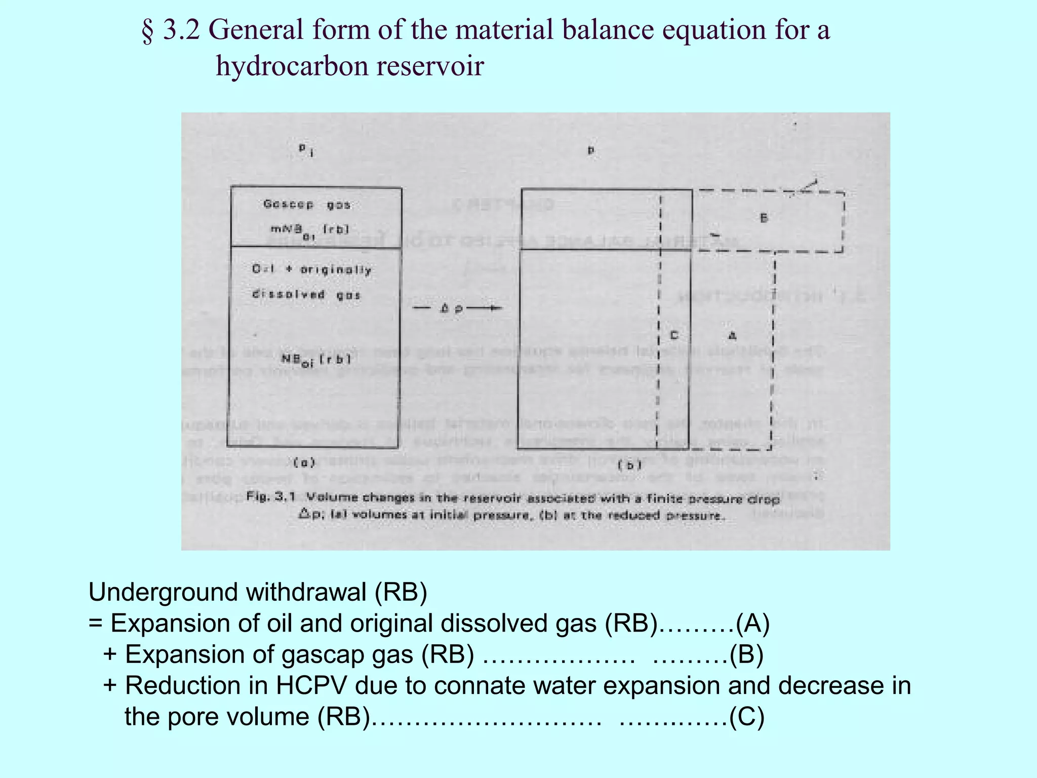 § 3.2 General form of the material balance equation for a
          hydrocarbon reservoir




Underground withdrawal (RB)
= Expansion of oil and original dissolved gas (RB)………(A)
 + Expansion of gascap gas (RB) ……………… ………(B)
 + Reduction in HCPV due to connate water expansion and decrease in
   the pore volume (RB)……………………… …….……(C)
 