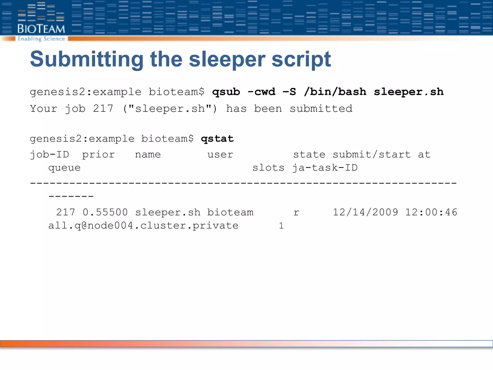 Submitting the sleeper script
genesis2:example bioteam$ qsub -cwd –S /bin/bash sleeper.sh
Your job 217 ("sleeper.sh") has been submitted
genesis2:example bioteam$ qstat
job-ID prior name user state submit/start at
queue slots ja-task-ID
-----------------------------------------------------------------
-------
217 0.55500 sleeper.sh bioteam r 12/14/2009 12:00:46
all.q@node004.cluster.private 1
 