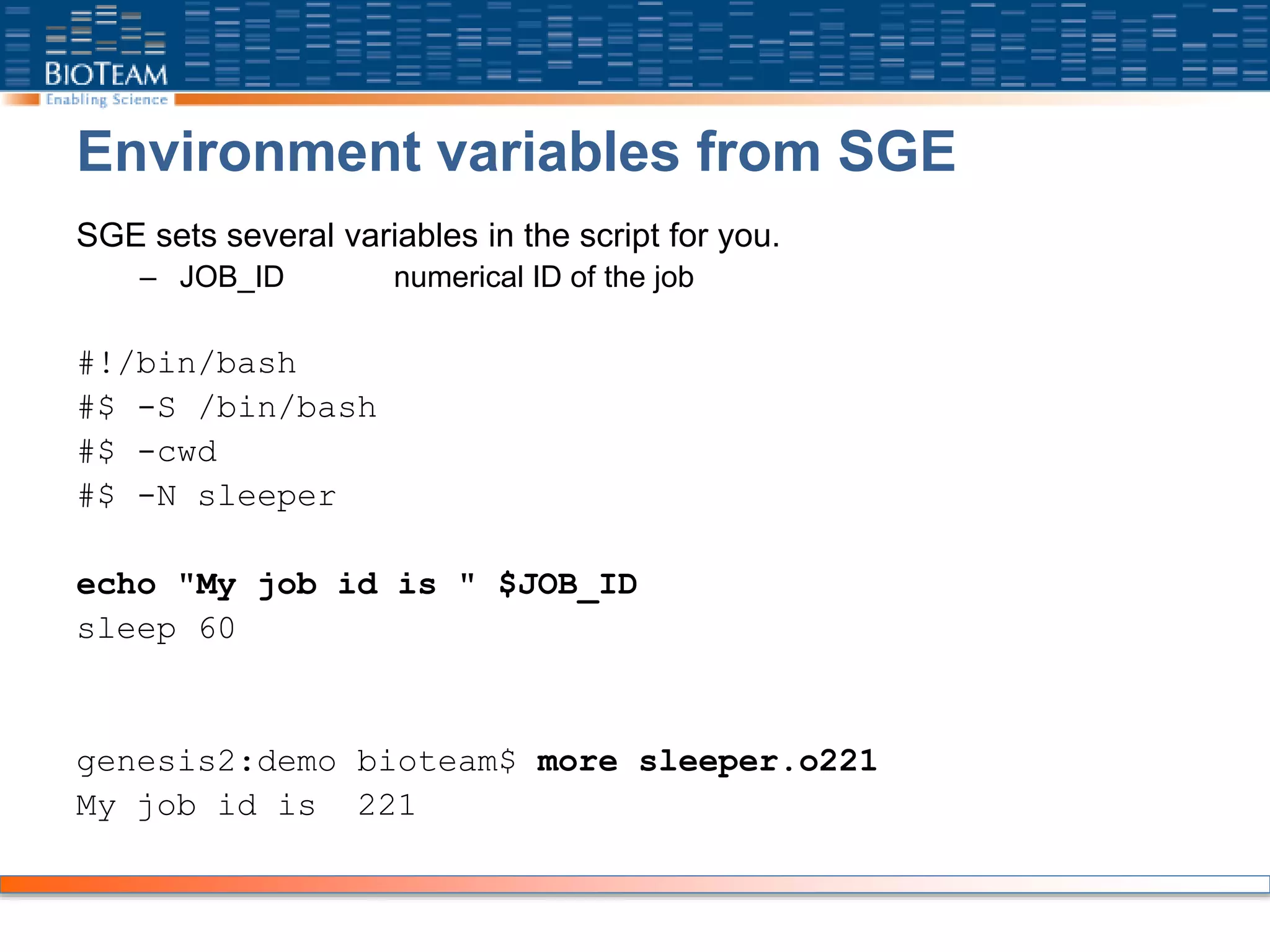 Environment variables from SGE
SGE sets several variables in the script for you.
– JOB_ID numerical ID of the job
#!/bin/bash
#$ -S /bin/bash
#$ -cwd
#$ -N sleeper
echo "My job id is " $JOB_ID
sleep 60
genesis2:demo bioteam$ more sleeper.o221
My job id is 221
 