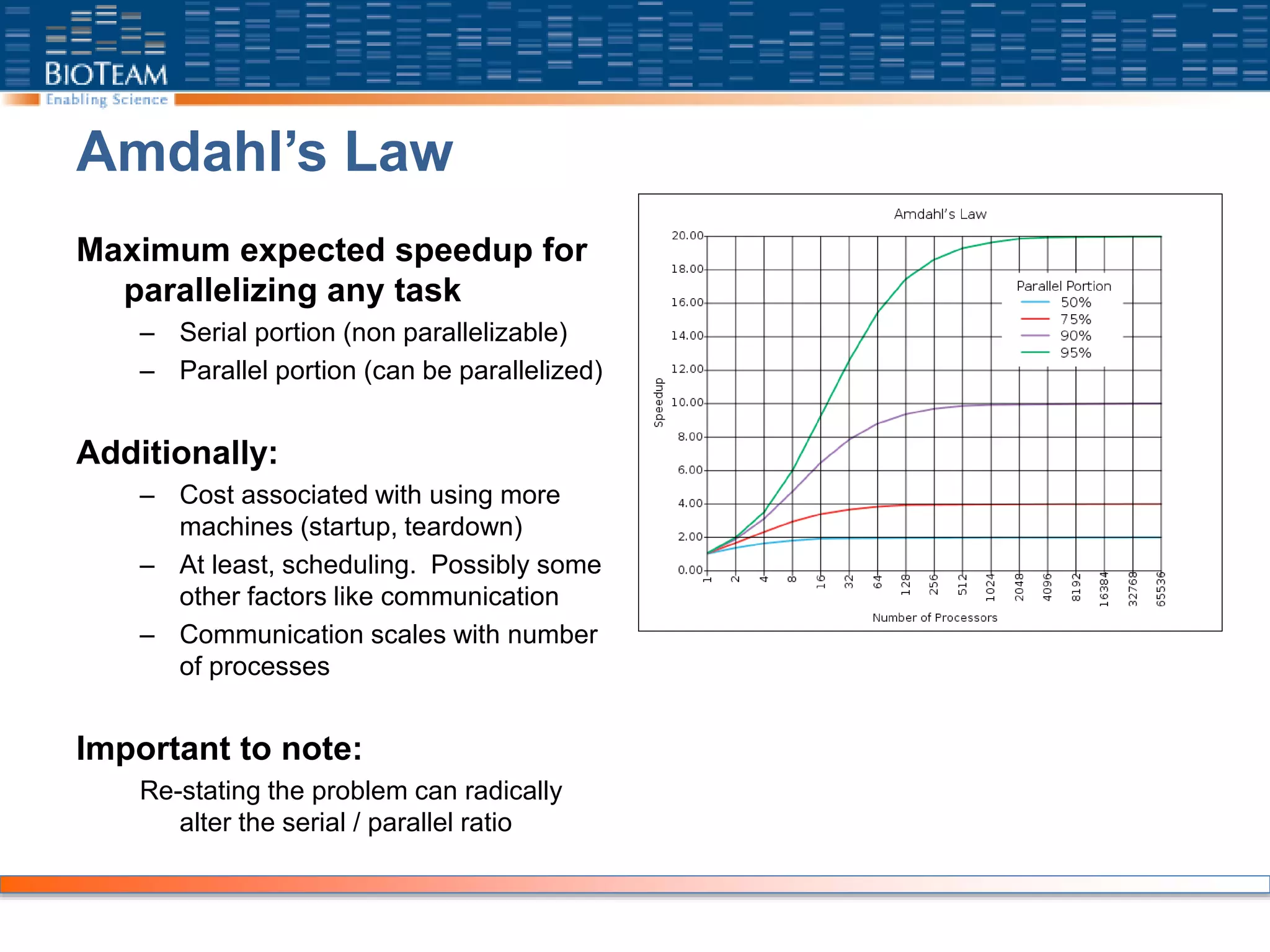 Amdahl’s Law
Maximum expected speedup for
parallelizing any task
– Serial portion (non parallelizable)
– Parallel portion (can be parallelized)
Additionally:
– Cost associated with using more
machines (startup, teardown)
– At least, scheduling. Possibly some
other factors like communication
– Communication scales with number
of processes
Important to note:
Re-stating the problem can radically
alter the serial / parallel ratio
 