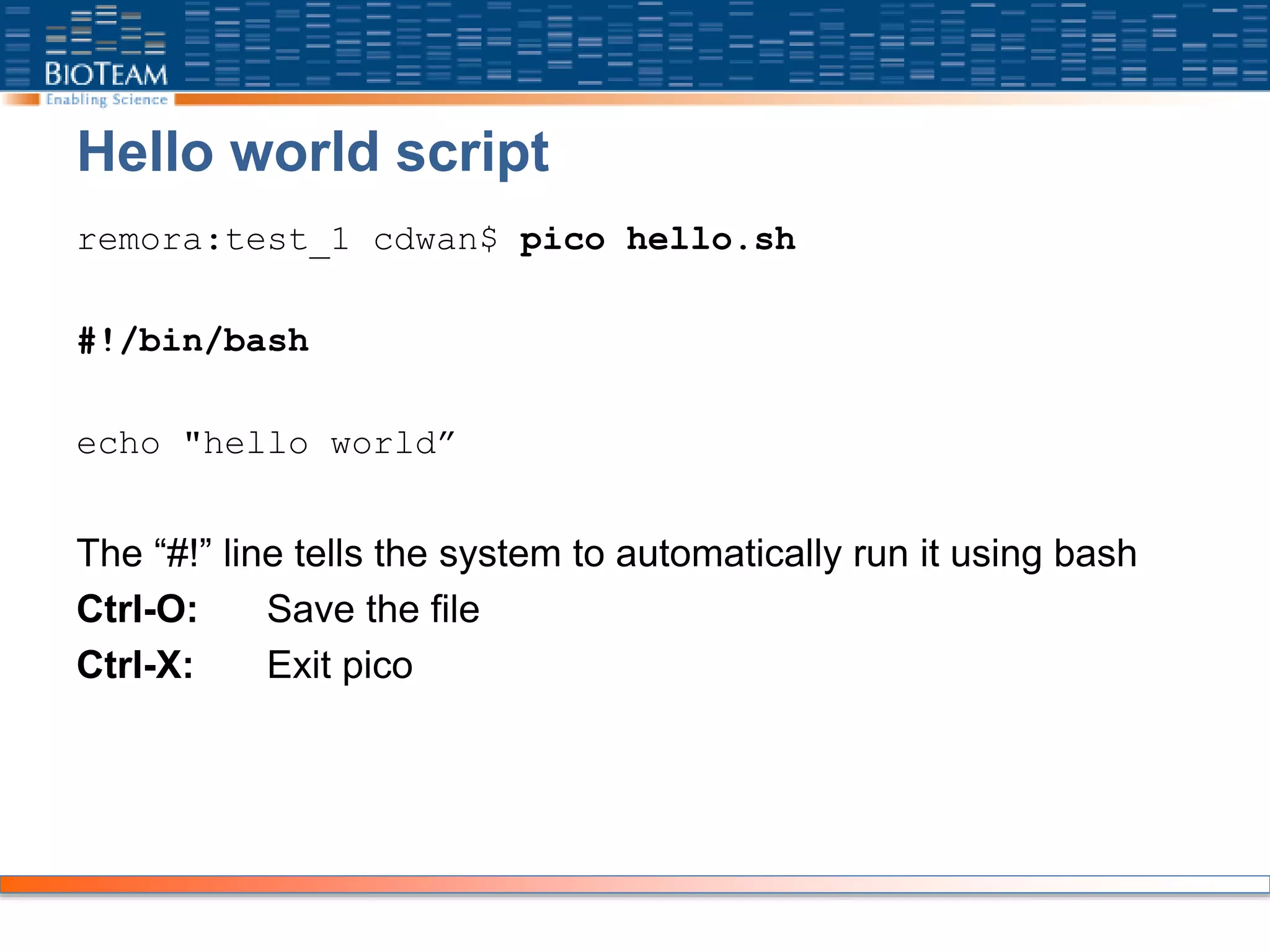 Hello world script
remora:test_1 cdwan$ pico hello.sh
#!/bin/bash
echo "hello world”
The “#!” line tells the system to automatically run it using bash
Ctrl-O: Save the file
Ctrl-X: Exit pico
 