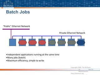 Batch Jobs
Copyright 2006, The BioTeam
32 Not for
Redistribution
http://bioteam.net
Private Ethernet Network
“Public” Ethernet Network
•Independent applications running at the same time
•Many jobs (batch)
•Maximum efficiency, simple to write
 