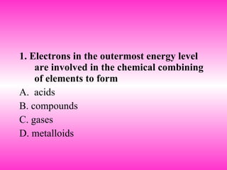 1. Electrons in the outermost energy level are involved in the chemical combining of elements to form A.  acids B. compounds C. gases D. metalloids 