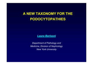 A NEW TAXONOMY FOR THE
   PODOCYTOPATHIES



         Laura Barisoni

    Department of Pathology and
   Medicine, Division of Nephrology
        New York University
 