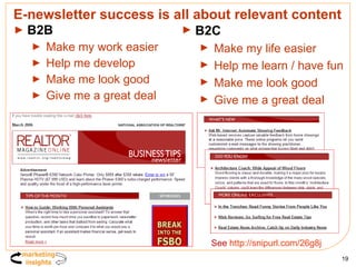 E-newsletter success is all about relevant content B2B Make my work easier Help me develop Make me look good Give me a great deal  B2C Make my life easier Help me learn / have fun Make me look good Give me a great deal See  http://snipurl.com/26g8j   