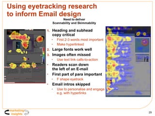 Using eyetracking research  to inform Email design Heading and subhead  copy critical First 2-3 words most important Make hyperlinked Large fonts work well Images often missed Use text link calls-to-action Readers scan down  the left of an E-mail   First part of para important F shape eyetrack Email intros skipped   Use to personalise and engage e.g. with hyperlinks Need to deliver Scannability and Skimmability 
