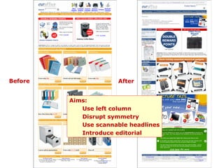 Before After Aims: Use left column Disrupt symmetry Use scannable headlines Introduce editorial 