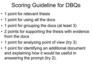 Scoring Guideline for DBQs
• 1 point for relevant thesis
• 1 point for using all the docs
• 1 point for grouping the docs (at least 3)
• 2 points for supporting the thesis with evidence
from the docs
• 1 point for analyzing point of view (try 3)
• 1 point for identifying an additional document
and explaining how it would be useful in
answering the prompt (try 2).
 