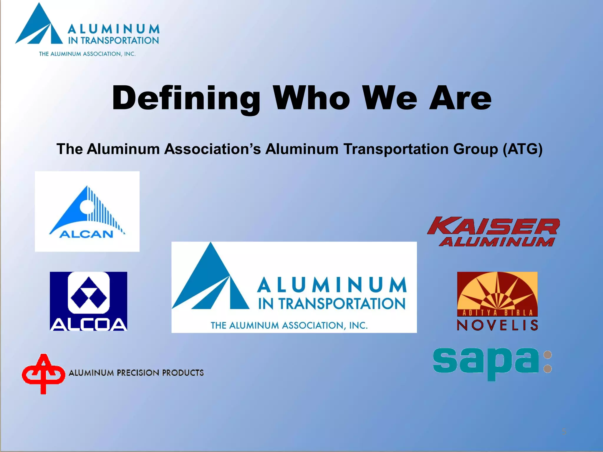 Defining Who We Are
The Aluminum Association’s Aluminum Transportation Group (ATG)




                                                                 5
 