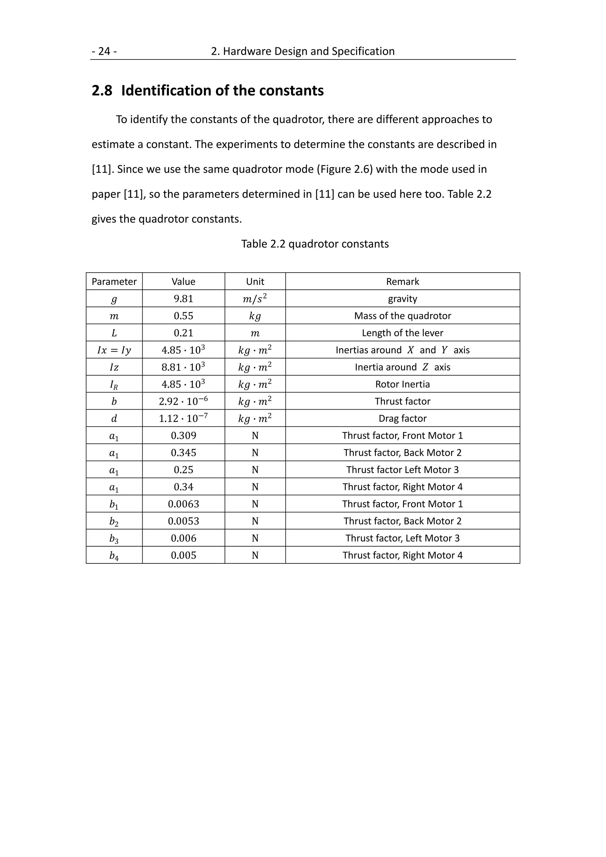 - 24 -                           2. Hardware Design and Specification


2.8 Identification of the constants
        To identify the constants of the quadrotor, there are different approaches to

estimate a constant. The experiments to determine the constants are described in

[11]. Since we use the same quadrotor mode (Figure 2.6) with the mode used in

paper [11], so the parameters determined in [11] can be used here too. Table 2.2

gives the quadrotor constants.

                                      Table 2.2 quadrotor constants


Parameter          Value                Unit                        Remark
                 9.81                / 2                       gravity
                 0.55                                  Mass of the quadrotor
                 0.21                                     Length of the lever
  =                  3                    2      Inertias around  and  axis
                 4.85 ∙ 10             ∙ 
             8.81 ∙ 103            ∙ 2             Inertia around  axis
             4.85 ∙ 103            ∙ 2                  Rotor Inertia
                          −6                    2
                2.92 ∙ 10              ∙                   Thrust factor
                            −7                    2
              1.12 ∙ 10              ∙                    Drag factor
    1            0.309                  N               Thrust factor, Front Motor 1
    1            0.345                  N               Thrust factor, Back Motor 2
    1            0.25                   N                Thrust factor Left Motor 3
    1            0.34                   N               Thrust factor, Right Motor 4
    1           0.0063                  N               Thrust factor, Front Motor 1
    2           0.0053                  N               Thrust factor, Back Motor 2
    3            0.006                  N                Thrust factor, Left Motor 3
    4            0.005                  N               Thrust factor, Right Motor 4
 