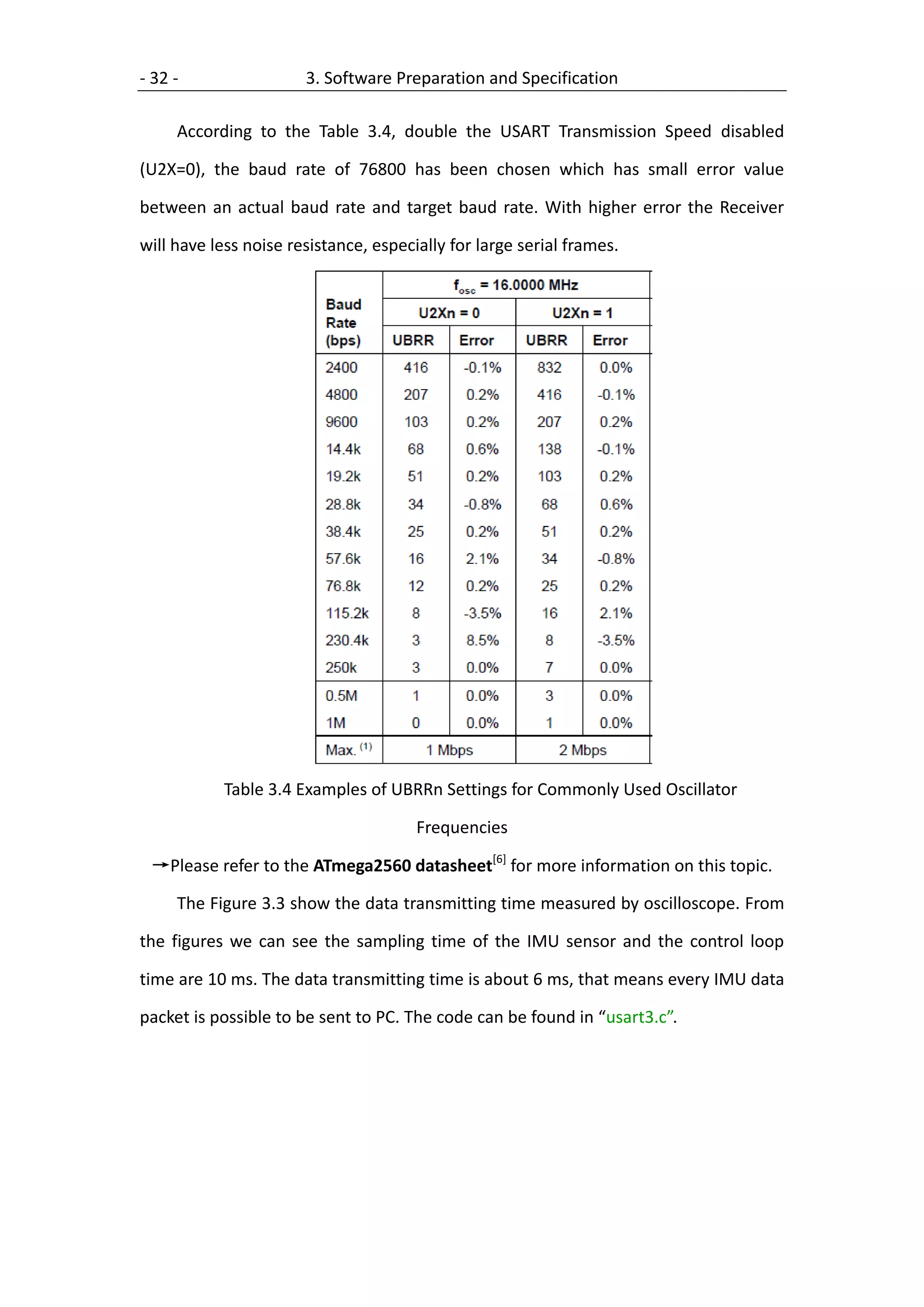 - 32 -                 3. Software Preparation and Specification

     According to the Table 3.4, double the USART Transmission Speed disabled

(U2X=0), the baud rate of 76800 has been chosen which has small error value

between an actual baud rate and target baud rate. With higher error the Receiver

will have less noise resistance, especially for large serial frames.




           Table 3.4 Examples of UBRRn Settings for Commonly Used Oscillator

                                       Frequencies

 →Please refer to the ATmega2560 datasheet[6] for more information on this topic.

     The Figure 3.3 show the data transmitting time measured by oscilloscope. From

the figures we can see the sampling time of the IMU sensor and the control loop

time are 10 ms. The data transmitting time is about 6 ms, that means every IMU data

packet is possible to be sent to PC. The code can be found in “usart3.c”.
 