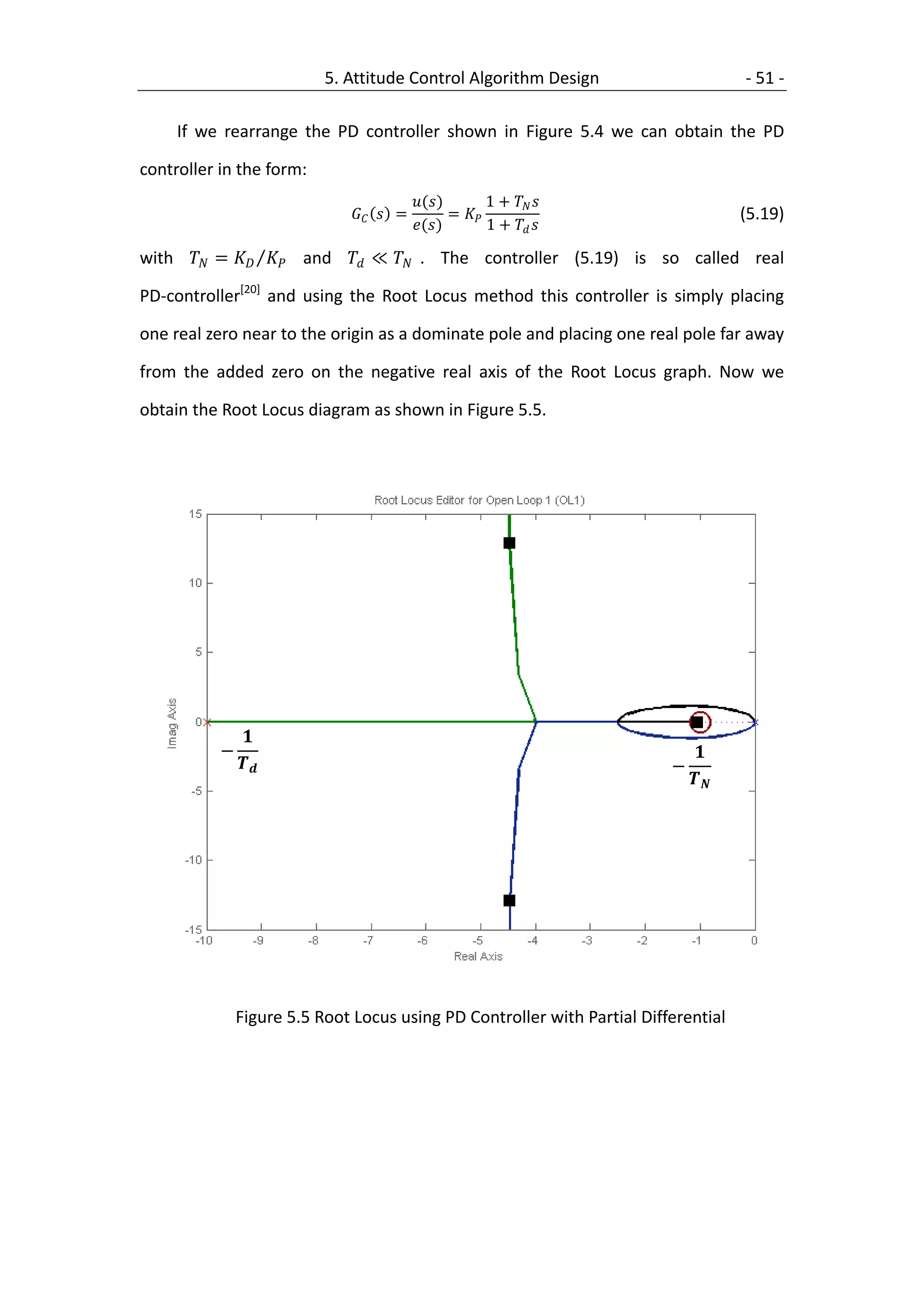 5. Attitude Control Algorithm Design                      - 51 -

     If we rearrange the PD controller shown in Figure 5.4 we can obtain the PD

controller in the form:
                                          ()        1 +  
                                =          =                               (5.19)
                                          ()        1 +  

with  =   and  ≪  . The controller (5.19) is so called real

PD-controller[20] and using the Root Locus method this controller is simply placing

one real zero near to the origin as a dominate pole and placing one real pole far away

from the added zero on the negative real axis of the Root Locus graph. Now we

obtain the Root Locus diagram as shown in Figure 5.5.




                
           −                                                                   
                                                                      −
                                                                              




               Figure 5.5 Root Locus using PD Controller with Partial Differential
 
