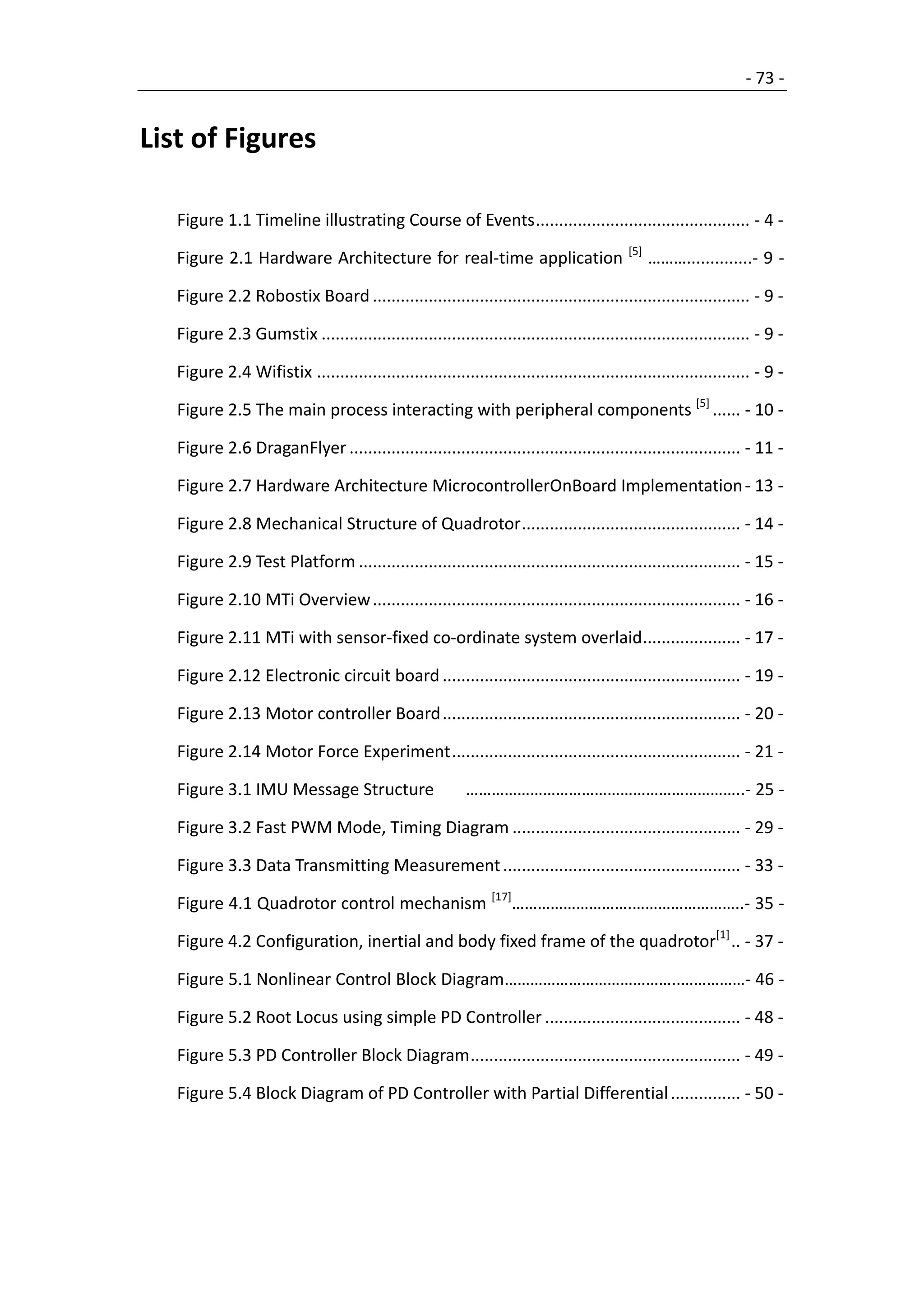 - 73 -


List of Figures

   Figure 1.1 Timeline illustrating Course of Events .............................................. - 4 -

   Figure 2.1 Hardware Architecture for real-time application [5] ………..............- 9 -

   Figure 2.2 Robostix Board ................................................................................. - 9 -

   Figure 2.3 Gumstix ............................................................................................ - 9 -

   Figure 2.4 Wifistix ............................................................................................. - 9 -

   Figure 2.5 The main process interacting with peripheral components [5] ...... - 10 -

   Figure 2.6 DraganFlyer .................................................................................... - 11 -

   Figure 2.7 Hardware Architecture MicrocontrollerOnBoard Implementation - 13 -

   Figure 2.8 Mechanical Structure of Quadrotor ............................................... - 14 -

   Figure 2.9 Test Platform .................................................................................. - 15 -

   Figure 2.10 MTi Overview ............................................................................... - 16 -

   Figure 2.11 MTi with sensor-fixed co-ordinate system overlaid..................... - 17 -

   Figure 2.12 Electronic circuit board ................................................................ - 19 -

   Figure 2.13 Motor controller Board ................................................................ - 20 -

   Figure 2.14 Motor Force Experiment .............................................................. - 21 -

   Figure 3.1 IMU Message Structure                        ………………………………………………………..- 25 -

   Figure 3.2 Fast PWM Mode, Timing Diagram ................................................. - 29 -

   Figure 3.3 Data Transmitting Measurement ................................................... - 33 -

   Figure 4.1 Quadrotor control mechanism [17]……………………….……………………..- 35 -

   Figure 4.2 Configuration, inertial and body fixed frame of the quadrotor[1] .. - 37 -

   Figure 5.1 Nonlinear Control Block Diagram…………………………………..……………- 46 -

   Figure 5.2 Root Locus using simple PD Controller .......................................... - 48 -

   Figure 5.3 PD Controller Block Diagram .......................................................... - 49 -

   Figure 5.4 Block Diagram of PD Controller with Partial Differential ............... - 50 -
 