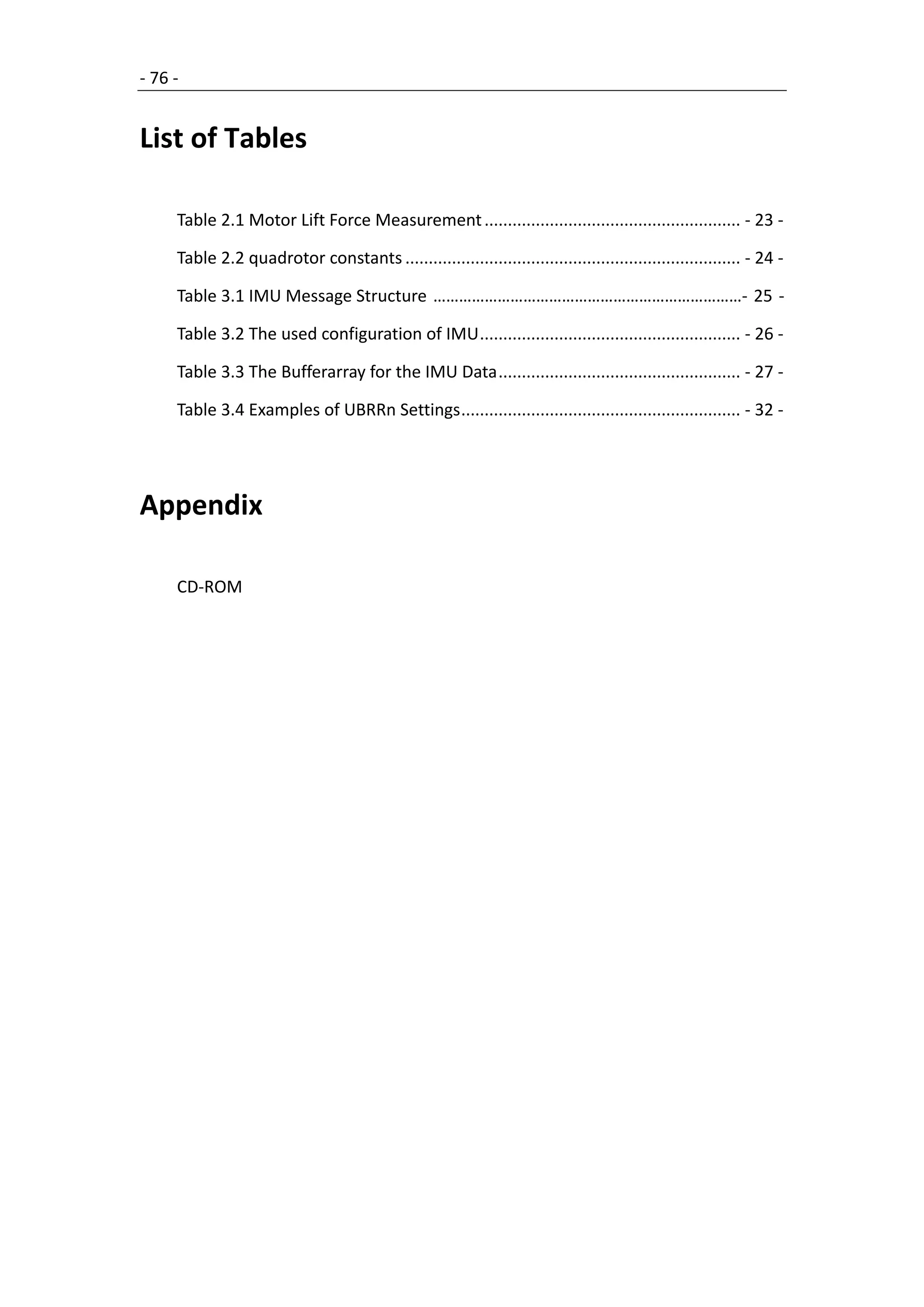 - 76 -


List of Tables

     Table 2.1 Motor Lift Force Measurement ....................................................... - 23 -

     Table 2.2 quadrotor constants ........................................................................ - 24 -

     Table 3.1 IMU Message Structure ………………………………………………………………- 25 -

     Table 3.2 The used configuration of IMU ........................................................ - 26 -

     Table 3.3 The Bufferarray for the IMU Data .................................................... - 27 -

     Table 3.4 Examples of UBRRn Settings ............................................................ - 32 -




Appendix

     CD-ROM
 