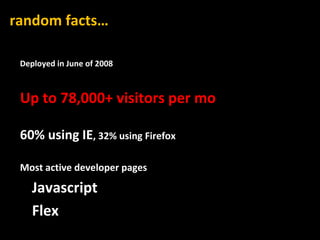 random facts…

 Deployed in June of 2008



 Up to 78,000+ visitors per mo

 60% using IE, 32% using Firefox

 Most active...